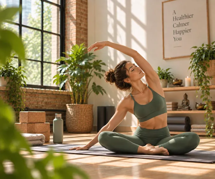A woman stretching sideways on a mat in a calm studio