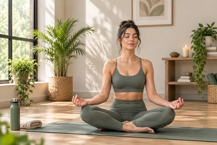 A woman meditating with her hands resting on her knees